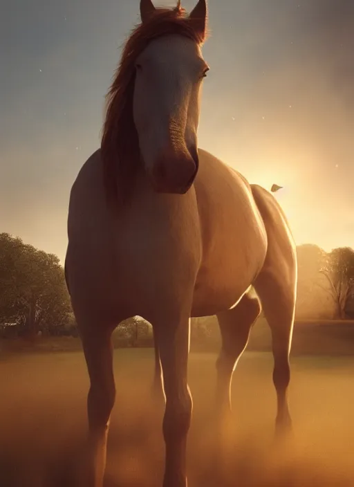 Prompt: horse subdues on man shoulders, volumetric lighting, beautiful, golden hour, sharp focus, ultra detailed, cgsociety by dali, noir photorealism, film