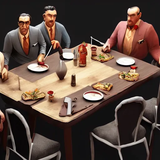 Prompt: a mafia family having dinner around a table, 3 d render octane, trending on artstation