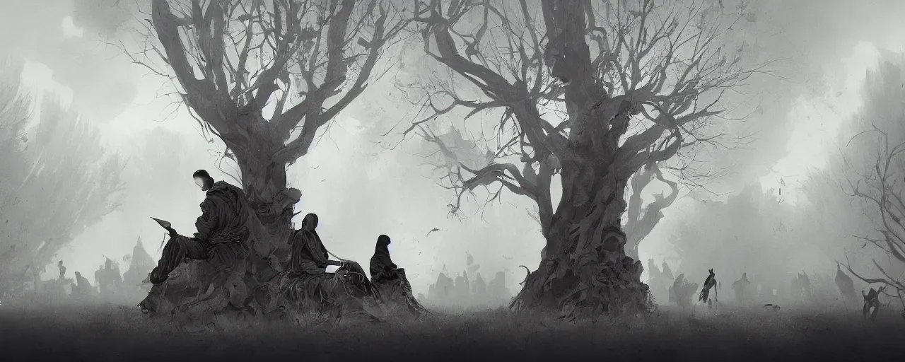 Prompt: duotone noir illustration of bald merchant demon sitting below willow tree in medieval brown tunic. hundreds of people silhouettes floating in air the foggy background. dark dream atmosphere, by sachin teng and sergey kolesov and ruan jia and heng z. graffiti art, scifi, fantasy, hyper detailed. octane render. concept art. trending on artstation