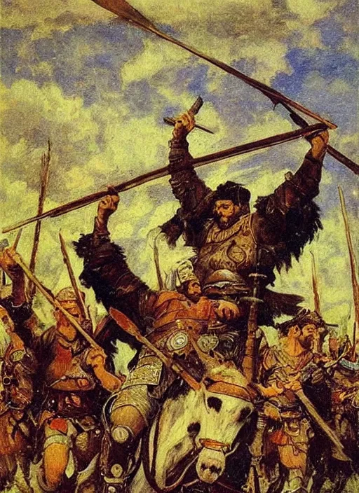 Image similar to warrior inspired a painting Heroes (Bogatyri) Viktor Vasnetsov