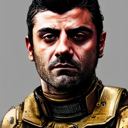 Image similar to oscar isaac portrait, dystopia core, apocalyptic, armor, warrior, dramatic, sharp focus, fiction, neon, fantasy, hyper detailed, digital art, trending in artstation, cinematic lighting, studio quality, smooth render, unreal engine 5 rendered, octane rendered, art style and nixeu and wlop and krenz cushart