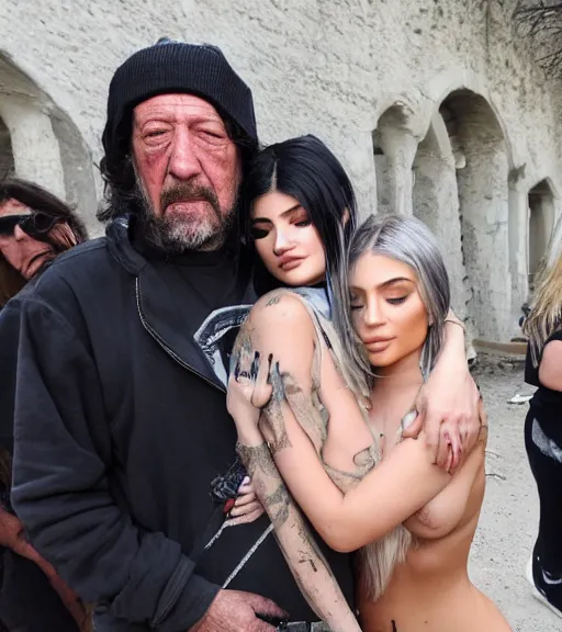 Prompt: a dirty hobo hugging kylie Jenner in a derelict castle