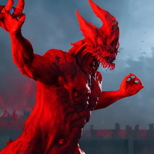 Image similar to a huge red demon in the hell. digitalart. artstation. unreal 5. unreal engine. award winning. high detail. hyper realistic. highly detailed.