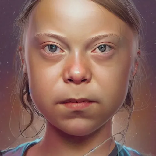 Image similar to portrait of greta thunberg, looking at camera, intricate, extremely detailed, digital painting, artstation, concept art, smooth, ambient lighting, art by artgerm and greg rutkowski and alphonse mucha and simon stalenhag