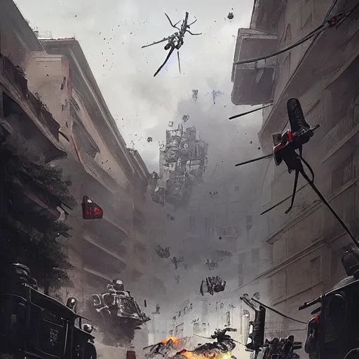 Image similar to spider robots terrorise streets of weimar germany and attack freikorps soldiers and civilians, intense heavy street battle, bullet hell, pile of bodies, art by greg rutkowski and jakub rozalski