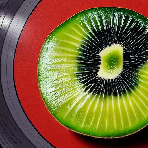 Prompt: vinyl turntable vinyl record in shape of huge kiwi fruit, 4 k, digital art, unreal render, hyperrealistic textures