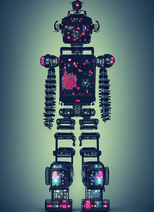 Prompt: full body portrait of a gothic style industrial punk robot with kanji tattoos and decals wearing a digital pixelated kimono, intricate design, photo - realistic, octane render, dark colour palette, ultra fine detailed, character design, trending on artstation