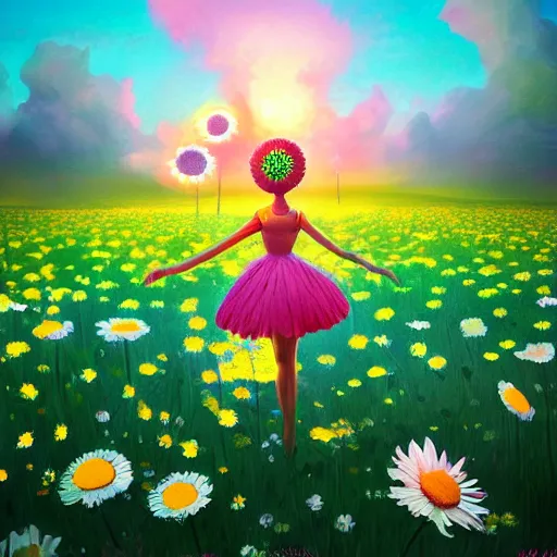 Image similar to giant daisy flower as head, girl ballet dancing in a flower field, surreal photography, sunrise, dramatic light, impressionist painting, colorful clouds, digital painting, artstation, simon stalenhag