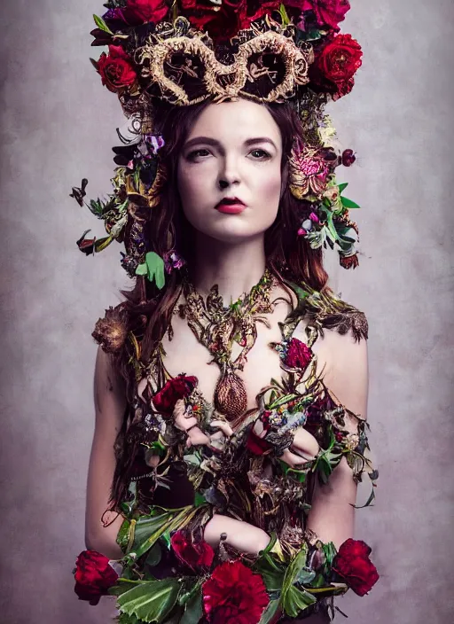 Image similar to full body environmental portrait photo of heart evanglista, ornate headpiece made from flowers, ornaments, glamour shot by gemmy woud - binnendijk, chris knight, photorealistic, canon r 3, fashion photography, ornate, symmetrical features, octane render, unreal engine, solid dark background, clamp shell lighting, rim lighting