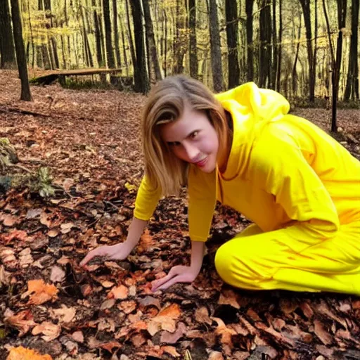 Prompt: young female wearing a yellow velor sweat suit lying dead on the ground in a forest covered by dark colored leaves and twigs