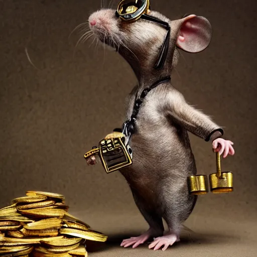 Prompt: a rat with steampunk googles mining for gold
