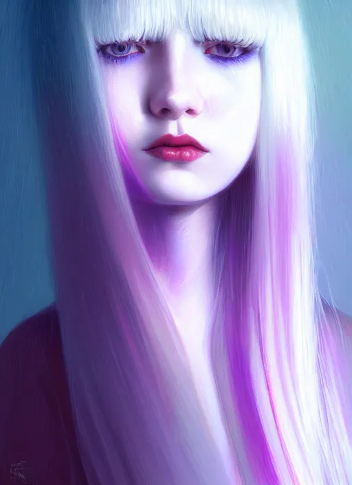 Image similar to hair whitebangs hair, black hair, whitebangs, portrait of teenage girl with white bangs, red irises, purple clothes, white bangs, bangs are different color from hair, intricate, elegant, glowing lights, highly detailed, digital painting, artstation, concept art, smooth, sharp focus, illustration, art by wlop, mars ravelo and greg rutkowski