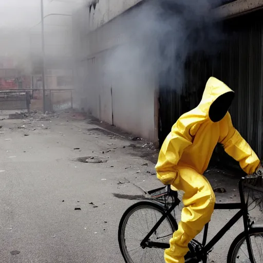 Image similar to a photo of a female wearing a hazmat suit, riding a bike, side-view, smoke in the background, filthy streets, broken cars. Vines growing. Jpeg artifacts. Full-color photo. Color color color color color. Award-winning photo. OM system 12–40mm PRO II 40mm, 1/100 sec, f/2 8, ISO 800