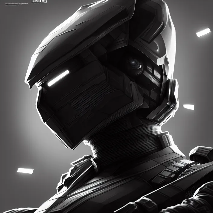 Image similar to a top down shot of a character in an spaceship by nihei tsutomu, front facing the camera, dramatic black and white, modern clean reflective obsidian dark black armor, highly detailed, 3 d render, vray, octane, realistic lighting