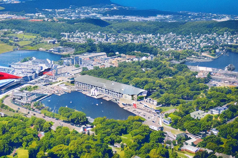 Image similar to bird's eye view photography of a small city. town hall, central farm, monorail station, beach and shipping dock. hills, woods and pond to the north.