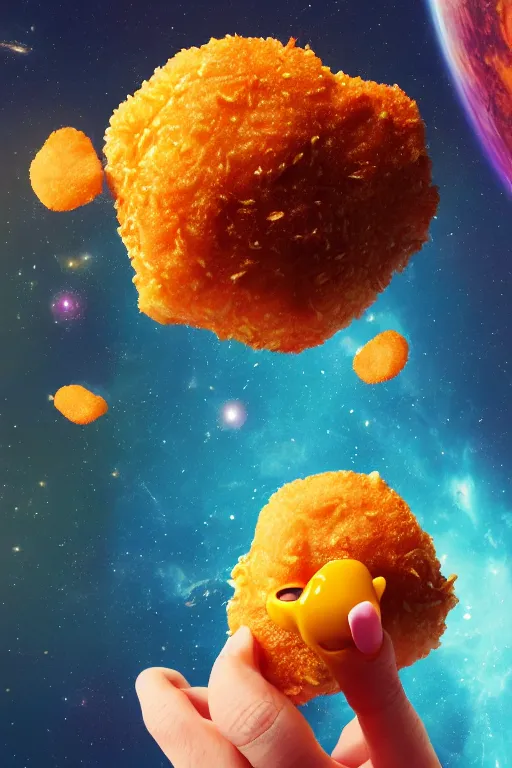 Image similar to A flower eating a chicken nugget in space. ArtStation. Octane render