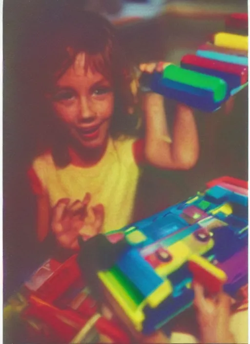 Image similar to colorful chromatic abberation, 9 0 s toy commercial, photo from the 7 0 s, polaroid photo,