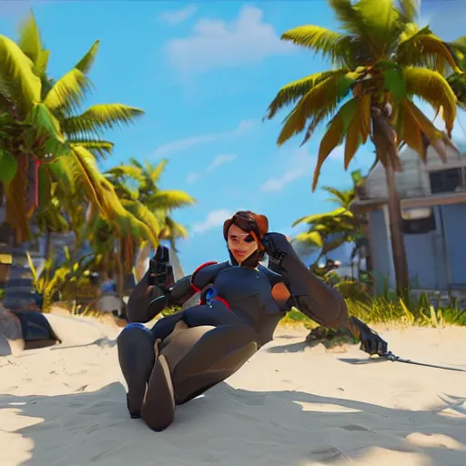 Image similar to d. i. v. a from overwatch relaxing at the beach getting a sun tan, unreal engine 5 4 k