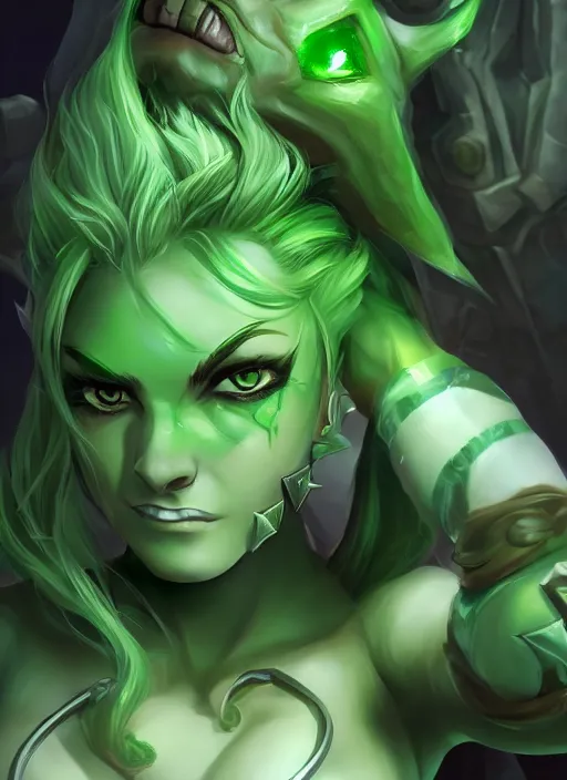 Image similar to green orc female, light green tone beautiful face by league of legends splash art