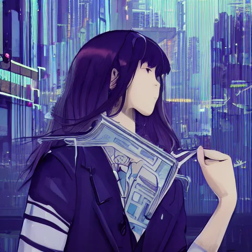 Image similar to Frequency indie album cover, luxury advertisement, blue filter, blue and black colors. Clean and detailed post-cyberpunk sci-fi close-up schoolgirl in asian city in style of cytus and deemo, blue flame, relaxing, calm and mysterious vibes, by Tsutomu Nihei, by Yoshitoshi ABe, by Ilya Kuvshinov, by Greg Tocchini, nier:automata, set in half-life 2, Matrix, GITS, Blade Runner, Neotokyo Source, Syndicate(2012), dynamic composition, beautiful with eerie vibes, very inspirational, very stylish, with gradients, surrealistic, dystopia, postapocalyptic vibes, depth of field, mist, rich cinematic atmosphere, perfect digital art, mystical journey in strange world, beautiful dramatic dark moody tones and studio lighting, shadows, bastion game, arthouse