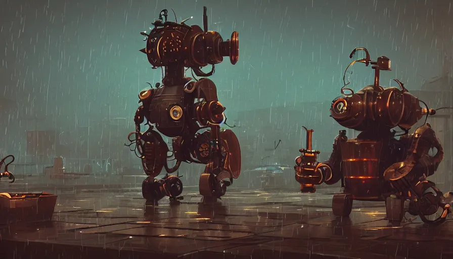 Prompt: steampunk robot, raining, sharp focus, james gilleard, cinematic, game art, extremely detailed digital painting