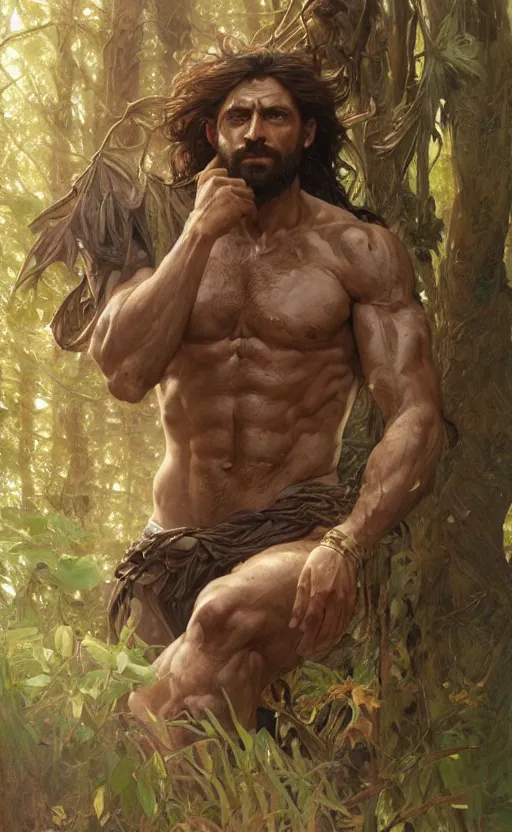 Image similar to god of the forest, 3 0 years old, rugged, male, gorgeous, detailed face, amazing, thighs, full body shot, long hair, muscular, intricate, highly detailed, digital painting, artstation, concept art, sharp focus, illustration, art by greg rutkowski and alphonse mucha