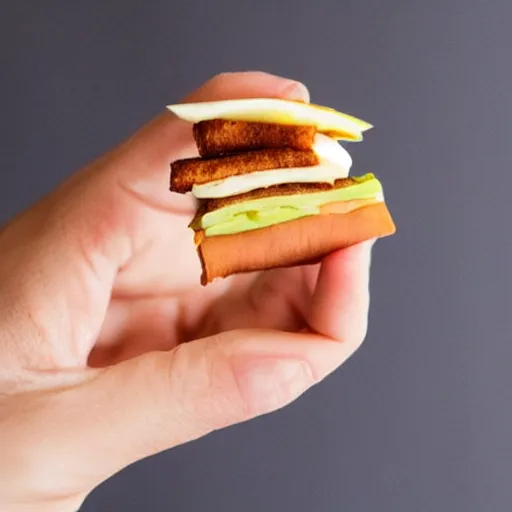 Prompt: hands presenting the tiniest sandwich ever made