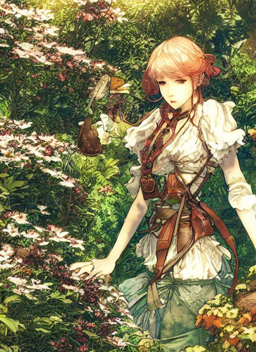 Prompt: the emerald herald in the garden, hidari, color page, tankoban, 4K, tone mapping, Akihiko Yoshida