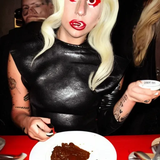 Image similar to lady gaga eating a plate poop, disgusting and delicious