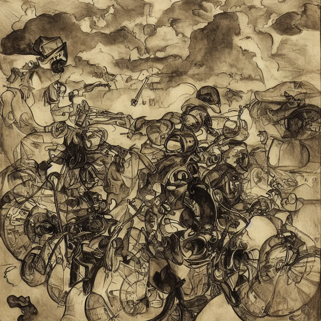 Image similar to a city in the clouds, one raised road leaving the city curving towards viewer with one motorcycle with headlight on man riding motorcycle wearing leather jacket and black helmet, by hieronymus bosch and alphonse mucha