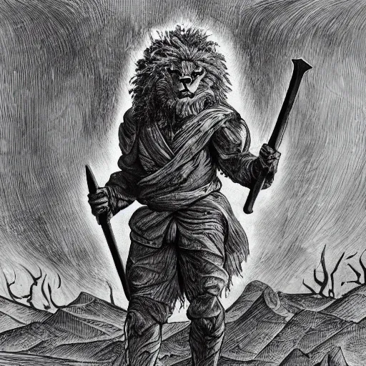 Image similar to One man who looks like a lion holding a sword of fire standing in a nuclear wasteland, highly detailed, photorealistic, medieval drawing H 768
