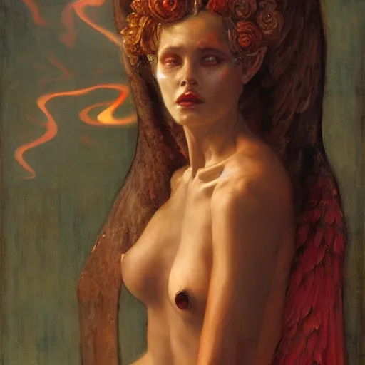 Image similar to a masterpiece full body portrait a beautiful Beatrice as a demoness in Dante\'s inferno, beautiful face, flawless skin, flames and smoke in background, by Edgar Maxence and Ross Tran and Michael Whelan