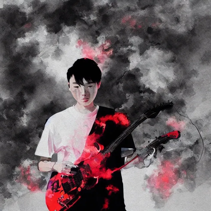 Prompt: a young korean man wearing black t shirt playing electric guitar on dark stage, dramatic lighting and smoke, matte colors, thought provoking, by conrad roset, dramatic painting, trending on artstation