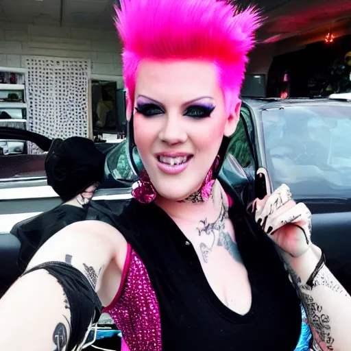 Prompt: jeffree star 2 0 0 0 s selfie with pink red hair and holding a pink rhinestone phone