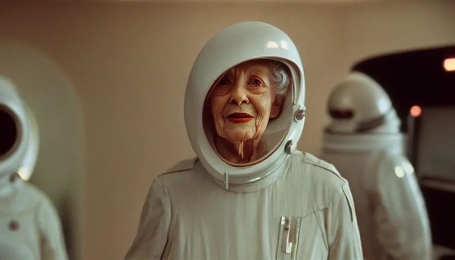 Image similar to 1 9 6 0 s movie still of a 9 0 year old lady, 2 0 0 1 a space odyssey, cinestill 8 0 0 t 3 5 mm, high quality, heavy grain, high detail, panoramic, cinematic composition, dramatic light, ultra wide lens, anamorphic, flares