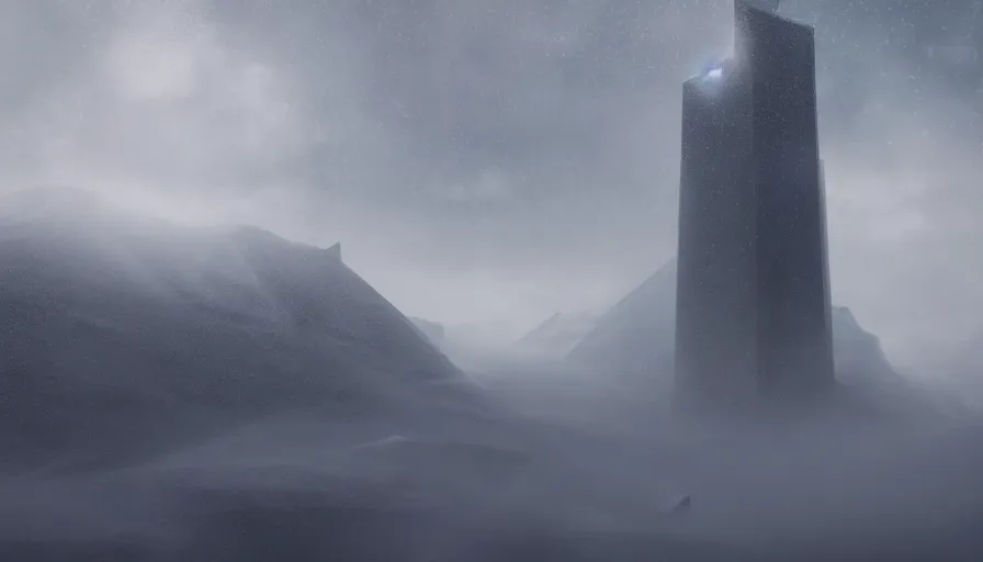 Image similar to brutalist giant dark omnius powerful tall tower in edge of artic mountains snow hills in the distance, volumetric light, storm, hyperdetailed, artstation, cgsociety, 8 k