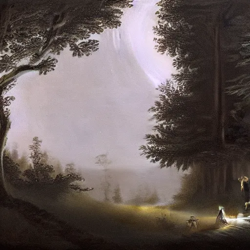 Image similar to matte painting of a tabby cat walking on a path in a dark moonlit Maine forest, serene, highly detailed, by caravaggio and alan lee, trending on artstation, 4k