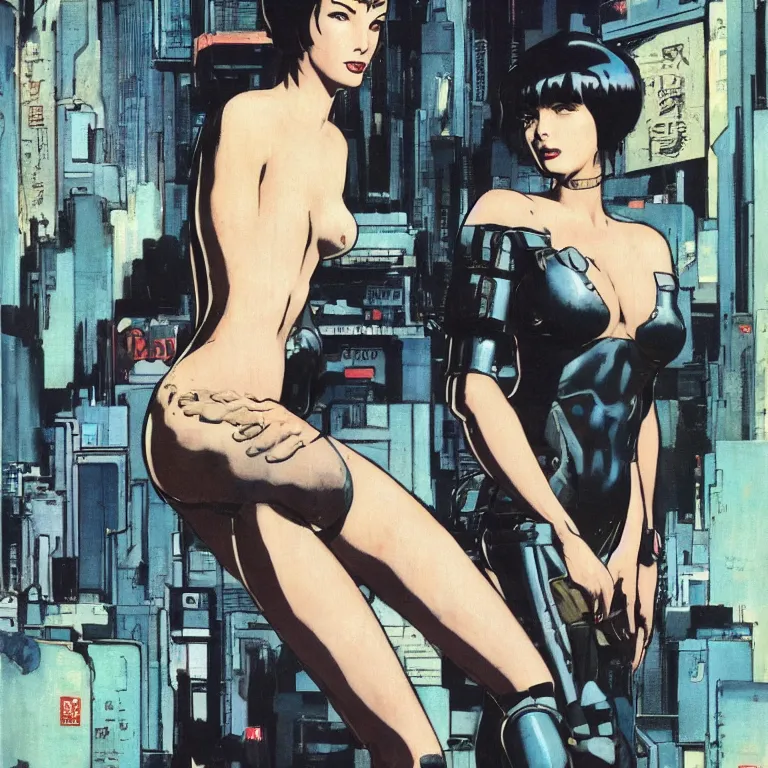 Image similar to scifi Ghost in the Shell by Robert McGinnis, pulp comic style, circa 1958, photorealism