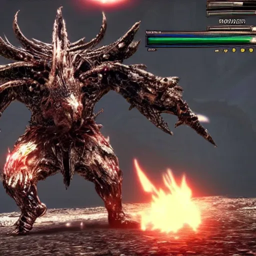 Image similar to screenshot of a unique boss from darksouls 3. It is wearing colored armour and has a very muscular physique