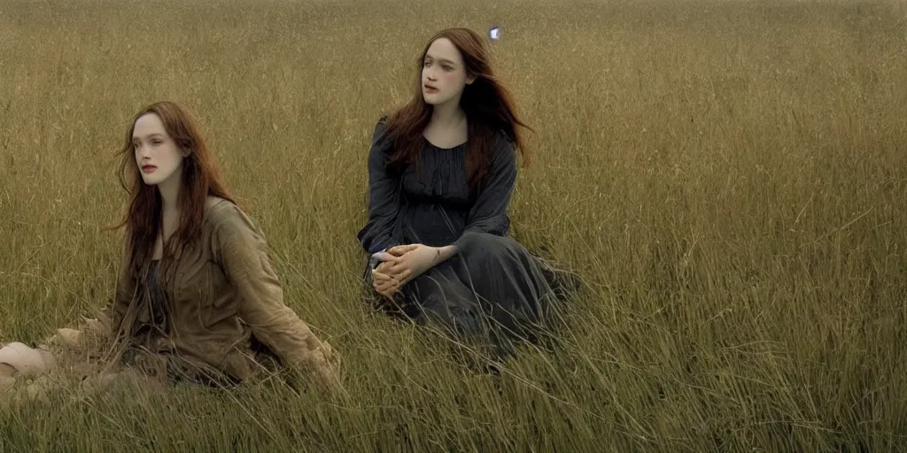 Prompt: Cinematic cinematography shot still from Terrence Malick film of Kat Dennings sitting in beautiful field of long grass 70mm film by edgar maxence, artgerm, guweiz