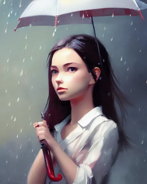 Image similar to A ultradetailed beautiful portrait panting of a stylish girl with an umbrella, rainy day, Oil painting, by Ilya Kuvshinov, Greg Rutkowski and Makoto Shinkai