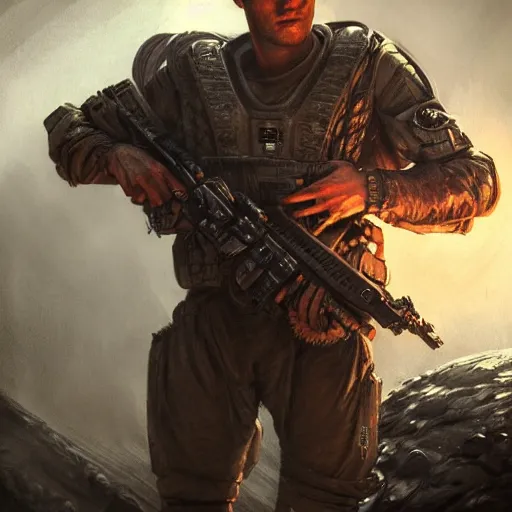 Image similar to portrait of a man by greg rutkowski, alexander ludwig as a colonial marine from aliens franchise, he is about 3 0 years old, military composure, wearing the tactical gear of the colonial marines, highly detailed portrait, digital painting, artstation, concept art, smooth, sharp foccus ilustration, artstation hq