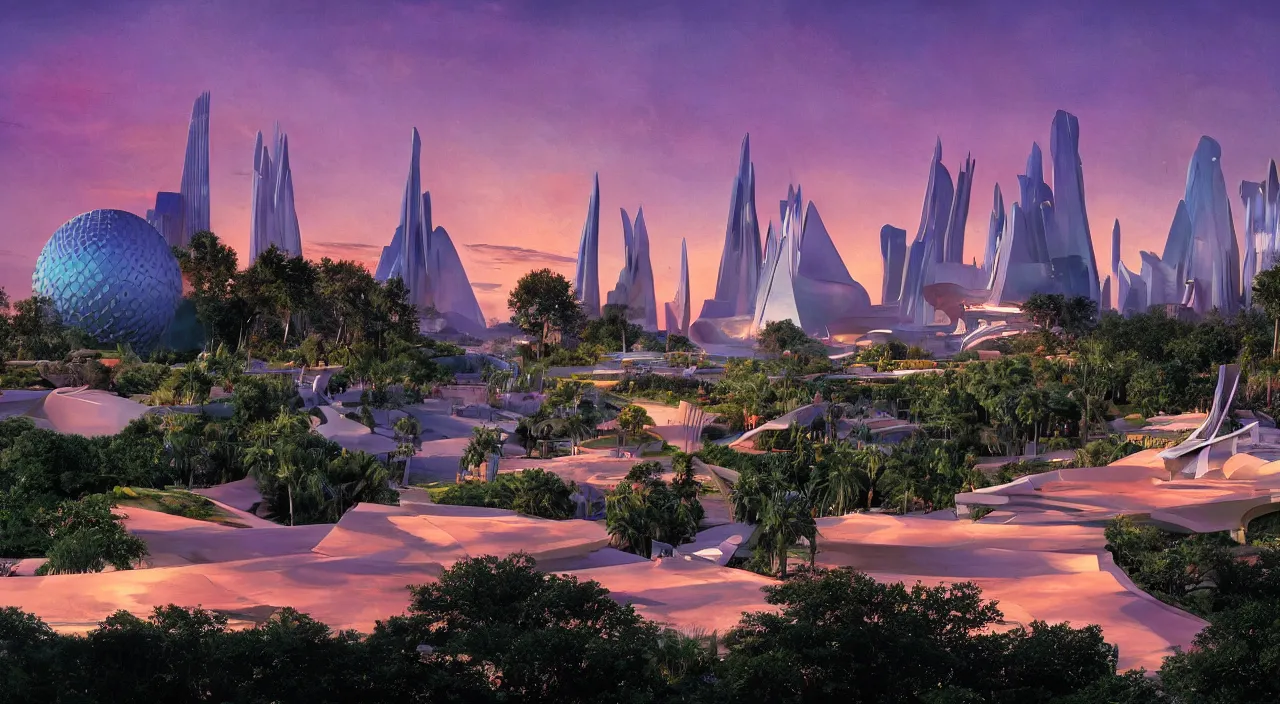 Prompt: a matte painting of spaceship earth taken at epcot at walt disney world, sunset, crowded by frank lloyd wright and zaha hadid torch volume light