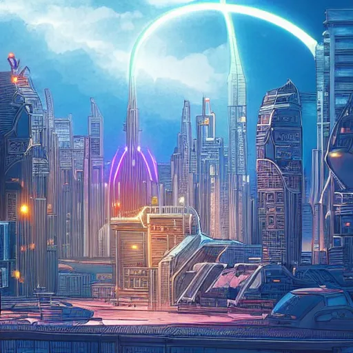 Image similar to illustration of a city in the future with lot of building and technology, Moebius, 8k, details, complex lightning, neon