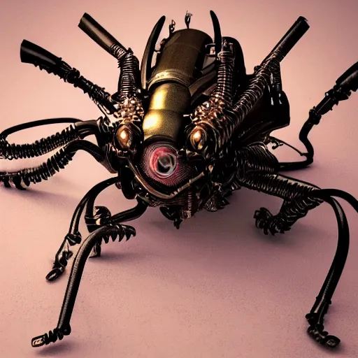 Prompt: futuristic steampunk alien bug portrait, long horns, lion mech armor, warhammer 4 0 k, mechanical internals, exposed wire sparks, hyper realistic shiny textures, 8 k, skull, cyberpunk, intricate details, fluorescent glow, science fiction space horror, unreal engine, dark, heavy shading, depth of field