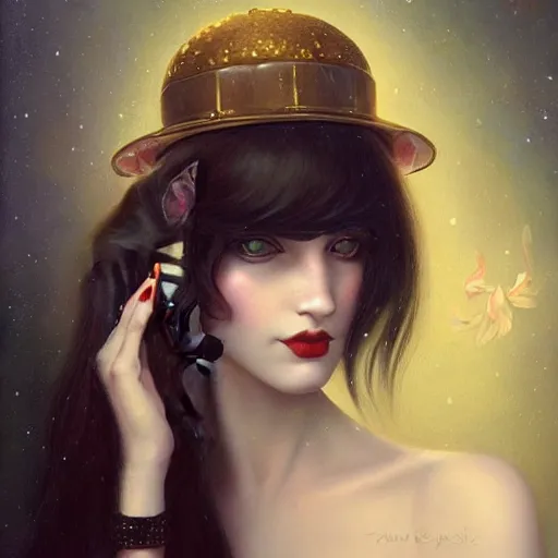 Image similar to a painting of a woman holding a cat, a photorealistic painting by tom bagshaw and ( ( ( mark ryden ) ) ), trending on deviantart, gothic art, ilya kuvshinov, goth, storybook illustration