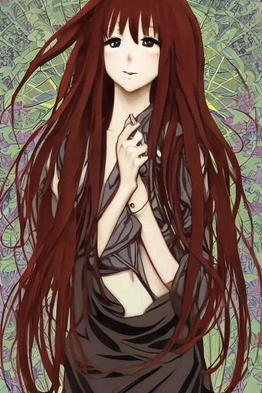 Prompt: Smiling Kurisu Makise tonemapped in the style of Ayami Kojima and Alphonse Mucha