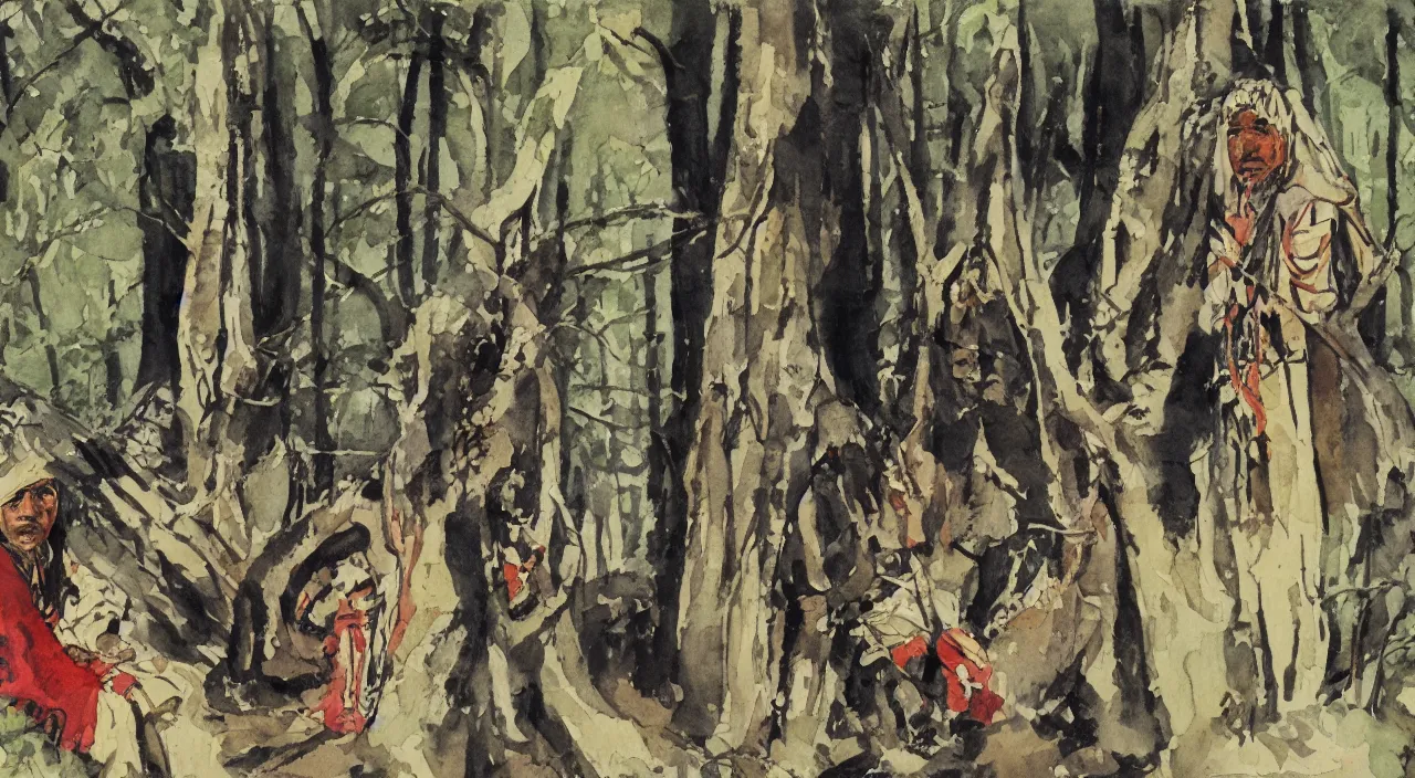 Image similar to close up portrait of Indian natives are waiting, hidden in the woods, watercolour by Hugo Pratt, oil on canvas