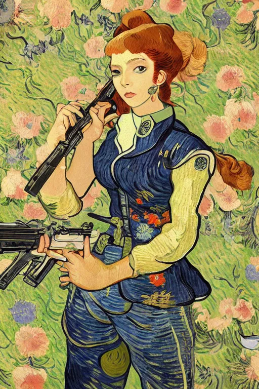 Image similar to beautiful anime goddess dressed as a military officer holding a gun, well - rendered, extra crisp, illustration pattern background with bizarre compositions and blend of flowers, fruits, birds by beto val painted by van gogh