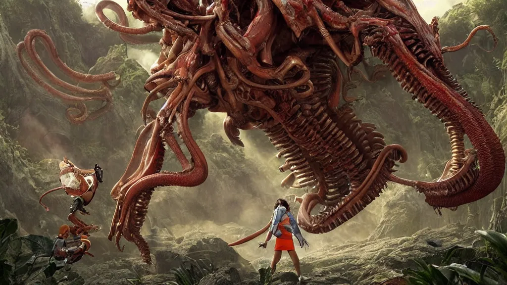 Prompt: realistic wide angle photo, of Dora the explorer fighting Xenomorph, by Moebius and Giger, greg rutkowski, very coherent, cinematic, hyper realism, high detail, vivid colors, octane render, unreal engine, 8k, Smooth gradients, High contrast, depth of field by Jacek Yerka